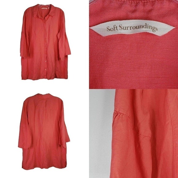 Soft Surroundings Ballard Blouse Top Linen Blend Sunset Coral Womens Large - Picture 1 of 10